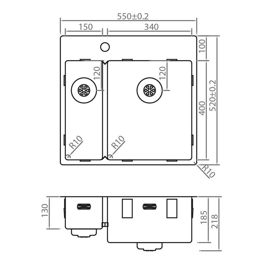 Caressi Power Plug 550 x 400mm Left Hand Side Bowl With Tap Hole CAPP1534KR10
