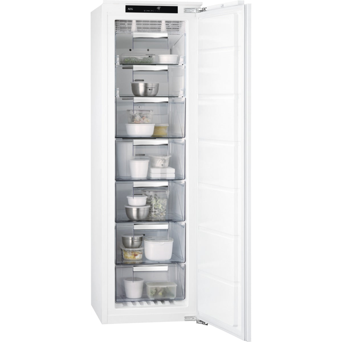 AEG No Frost Freezer with open door displaying various food items on a white background.