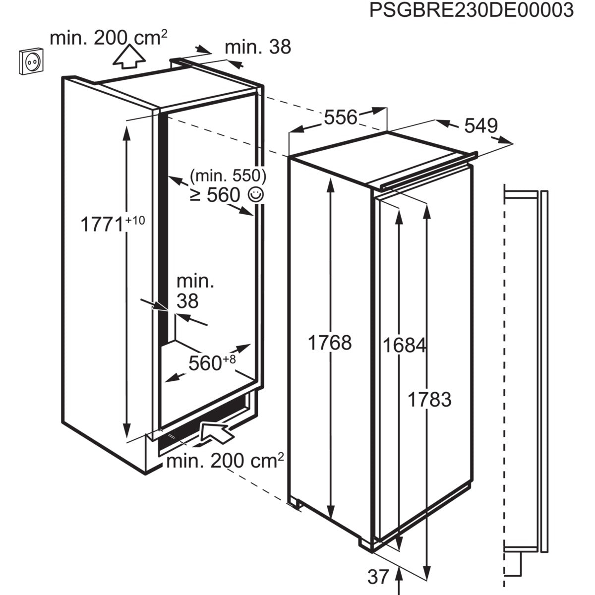Technical drawing of a shower enclosure with dimensions labeled