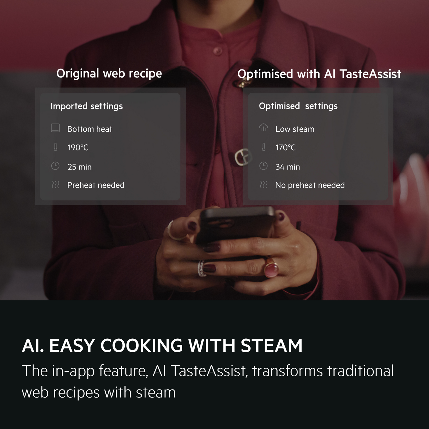 Person holding a phone with AEG AI TasteAssist feature overlay on a dark background