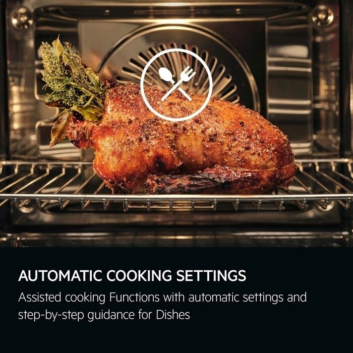 Roasted chicken in an AEG oven with text about automatic cooking settings