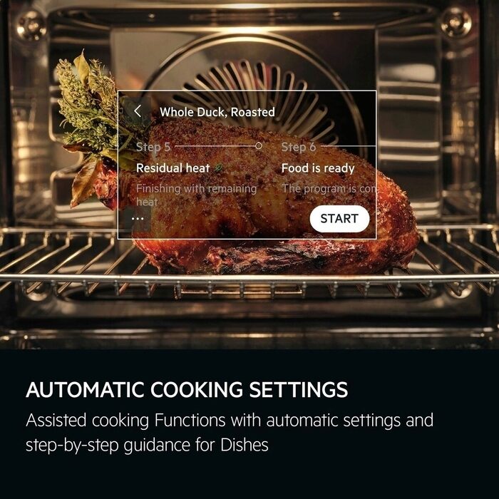 Roasted duck in an AEG oven with cooking settings displayed
