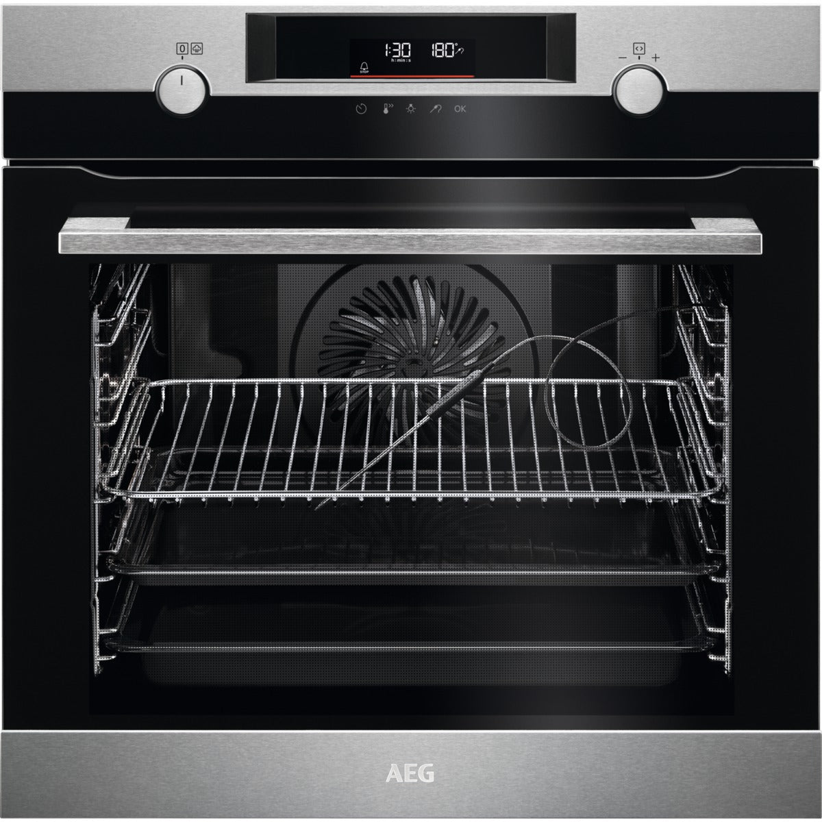 AEG oven with open door showing interior racks