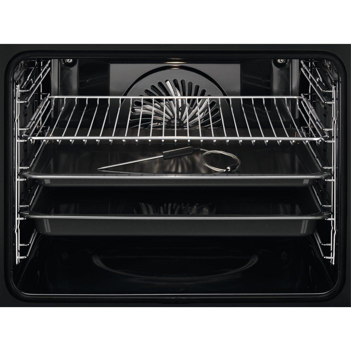 Black AEG oven interior with racks on a white background