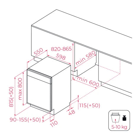Technical drawing of a kitchen cabinet with dimensions labeled