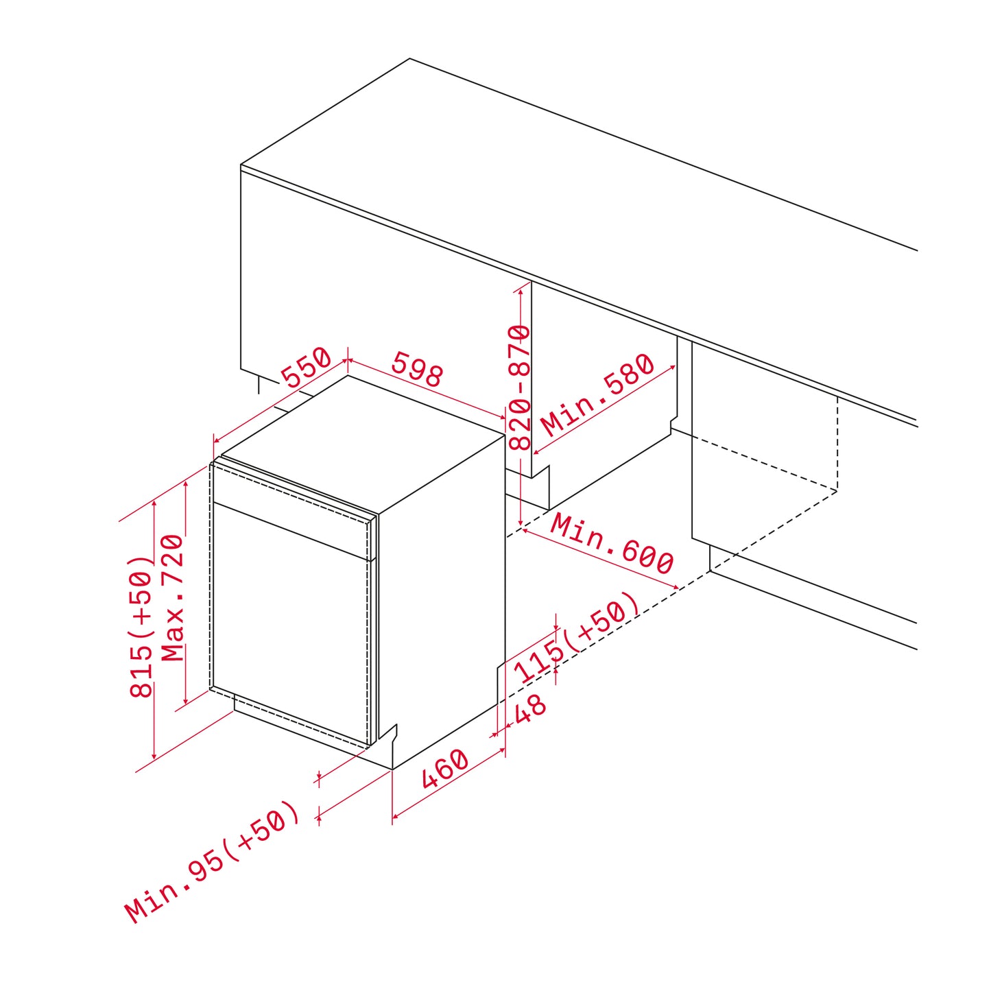 Technical drawing of a kitchen cabinet with dimensions labeled