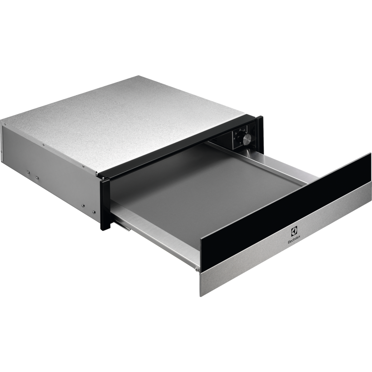 Electrolux 600 Series Integrated Warming Drawer Stainless Steel with black trim on a white background