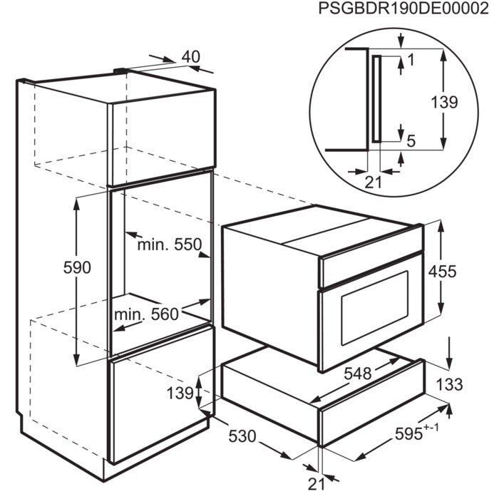 Technical drawing of a kitchen cabinet and oven warming drawer with dimensions