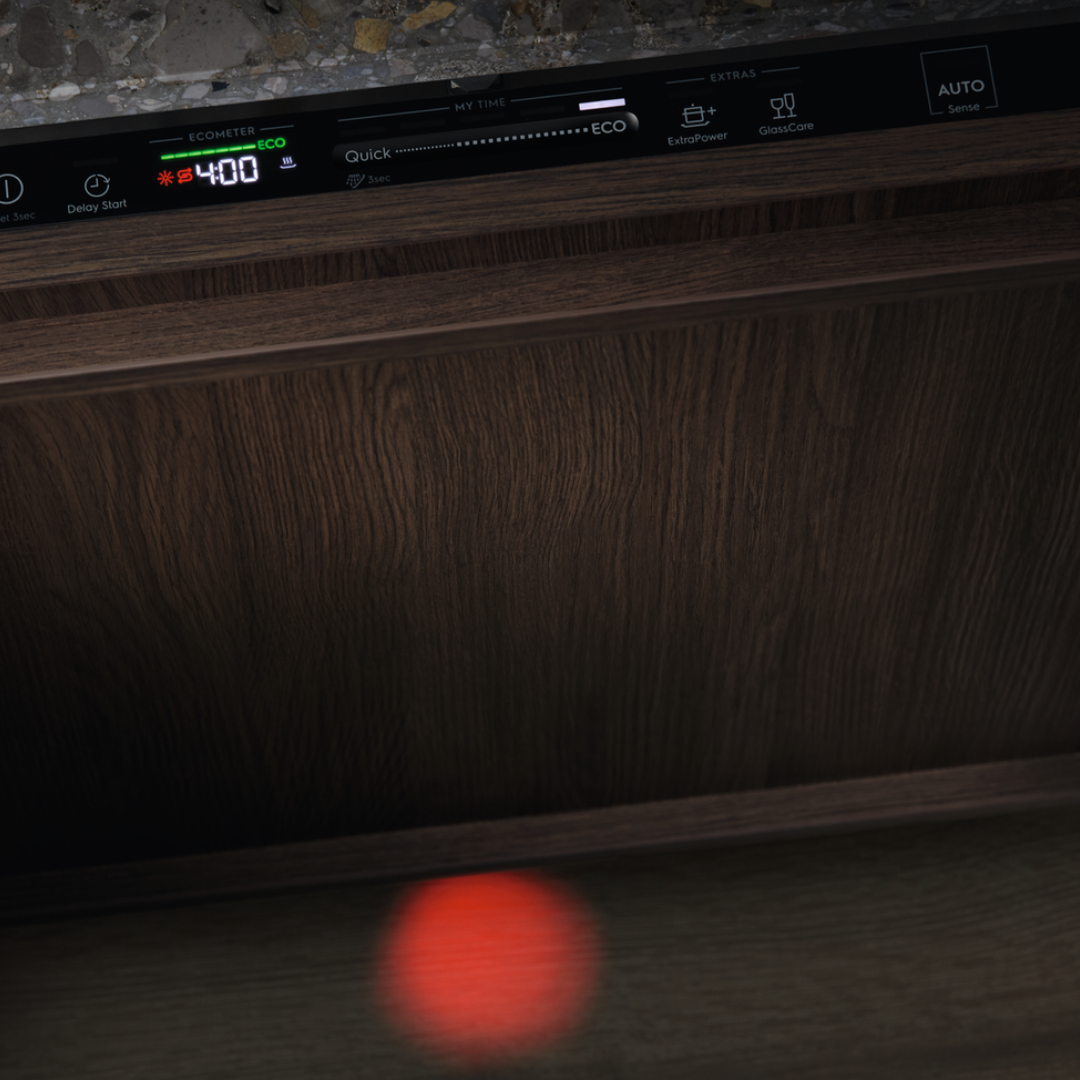 Electrolux dishwasher appliance with digital display and control panel on a dark background