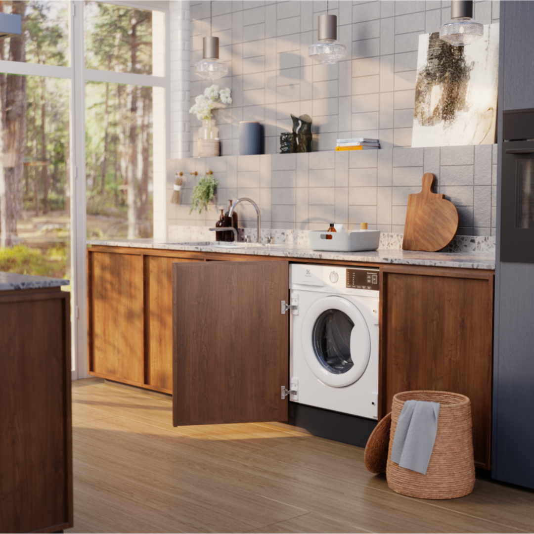 Modern kitchen with a built-in Electrolux washing machine and wooden cabinets.