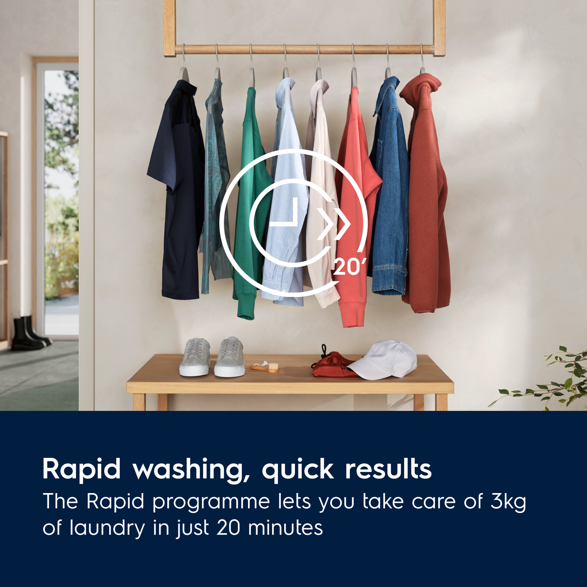 Hanging clothes on a rack with a timer graphic and text about Electrolux rapid washing program.