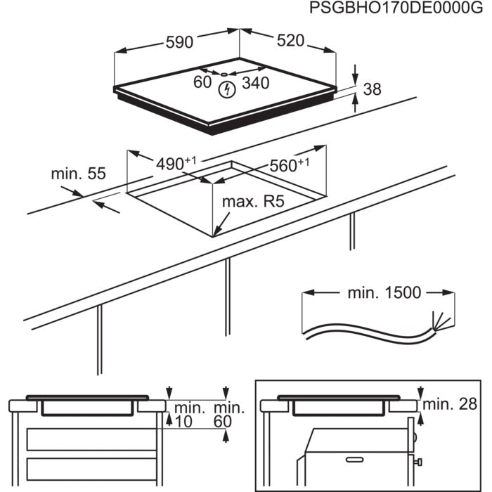 Technical drawing of a Black Electrolux Ceramic Hob installation with dimensions and measurements.