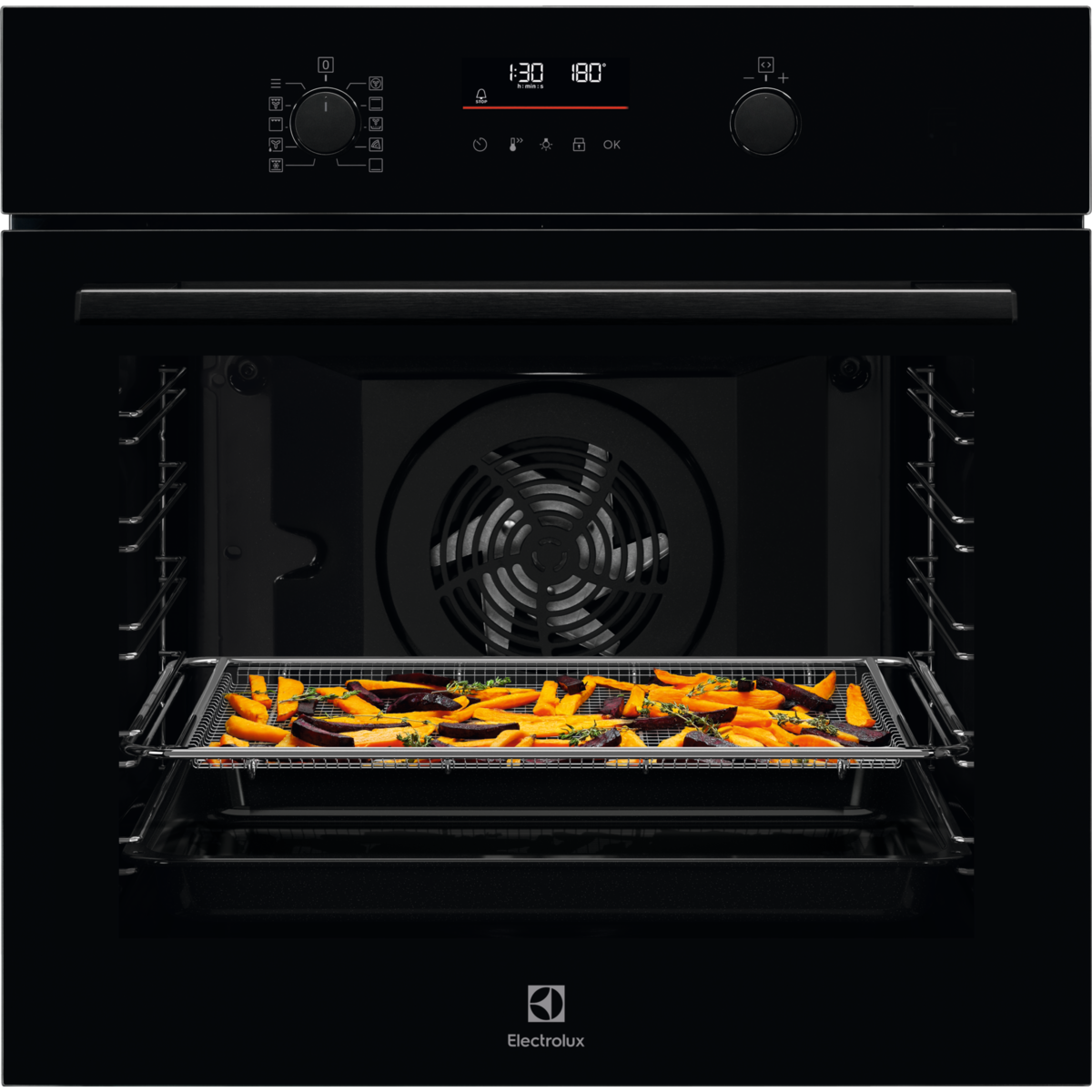 Electrolux Black AirFry oven with food inside, brand 'Electrolux' visible