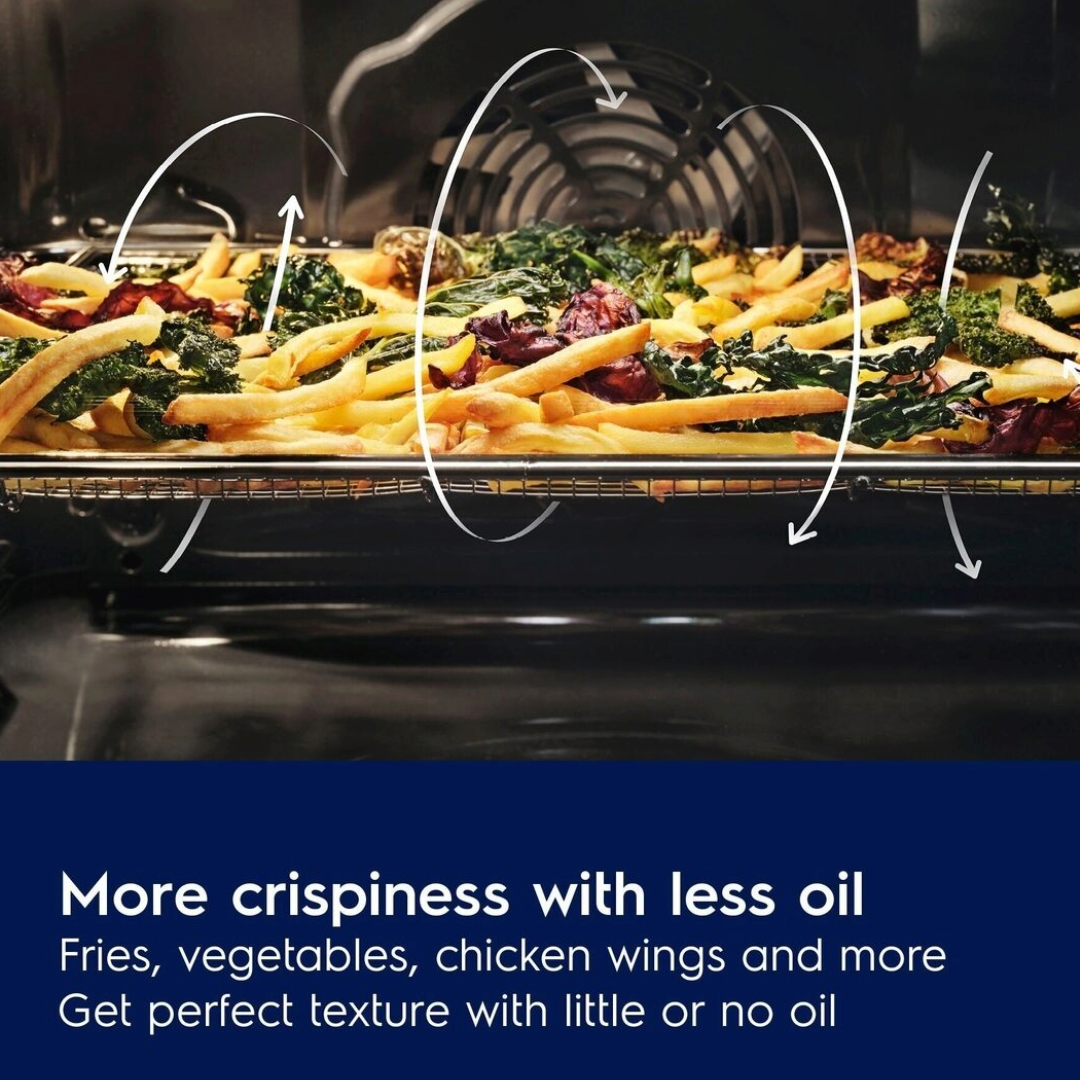 Electrolux AirFry Oven Fried food items on a tray with text about crispiness and oil reduction.