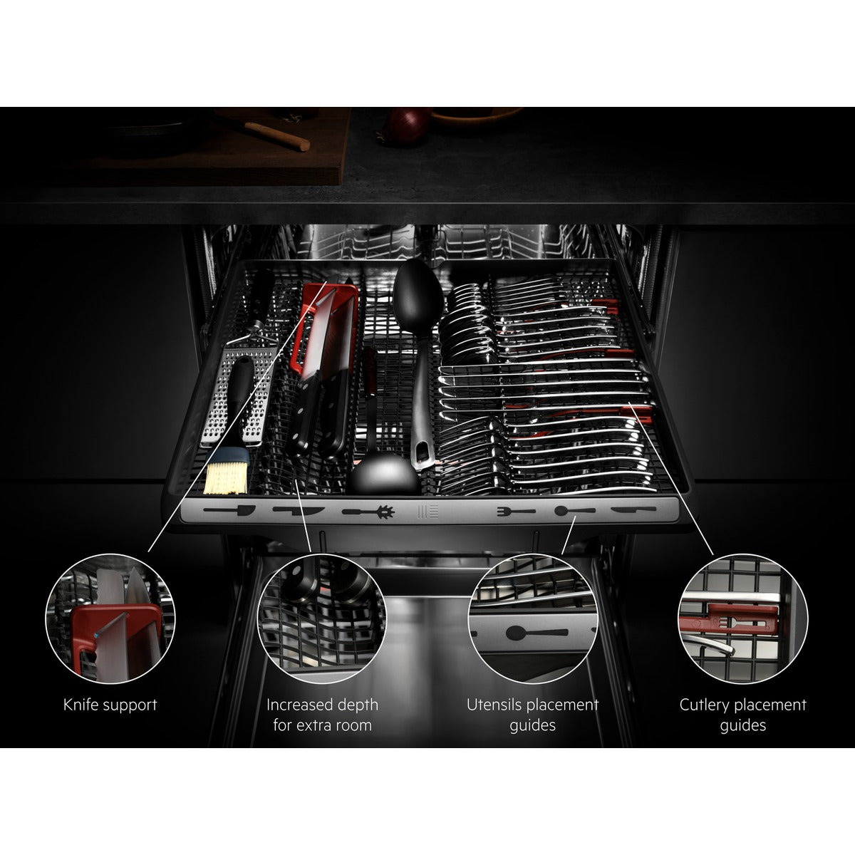 AEG Dishwasher drawer with cutlery and utensils, highlighting features like knife support and cutlery placement guides.