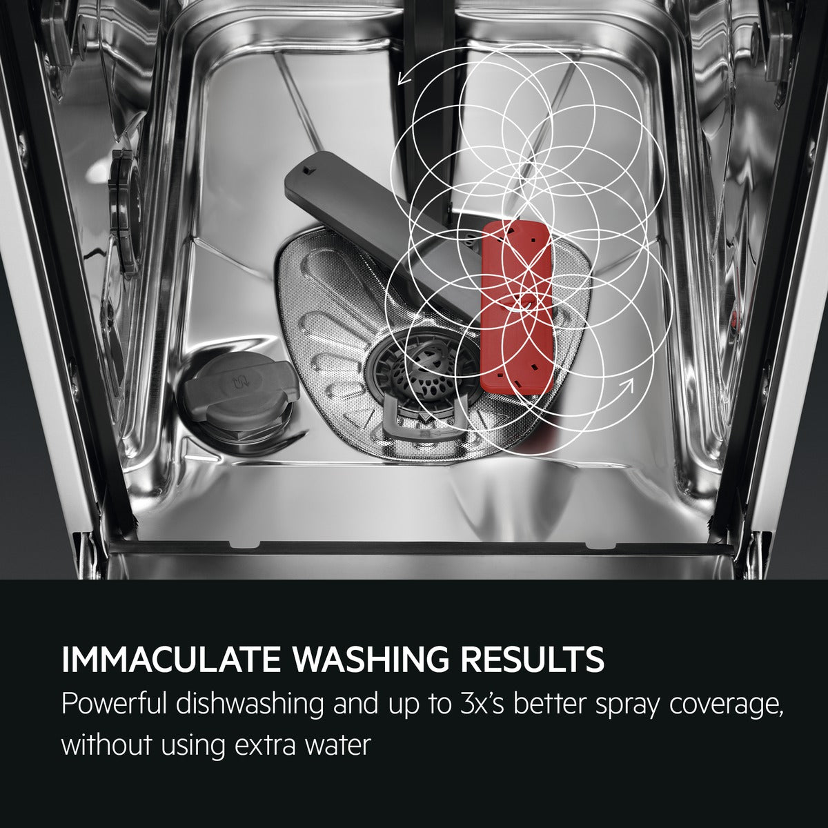 AEG Dishwasher interior with spray arm and text about immaculate washing results