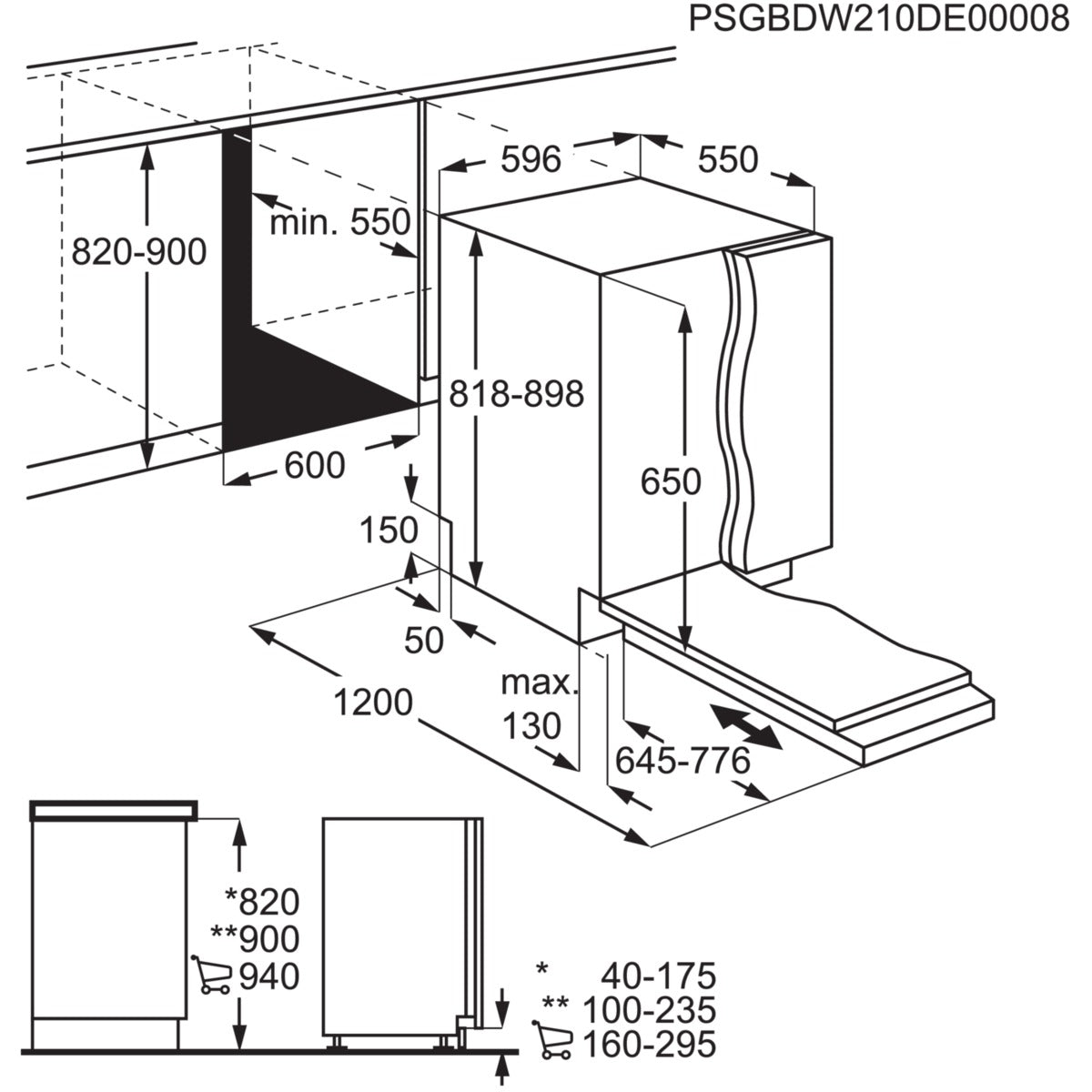 Technical drawing of a kitchen cabinet installation diagram with dimensions.