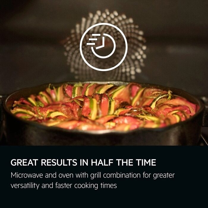 AEG Microwaveable dish with colorful layers in a black dish, featuring a brand logo and text about faster cooking times.