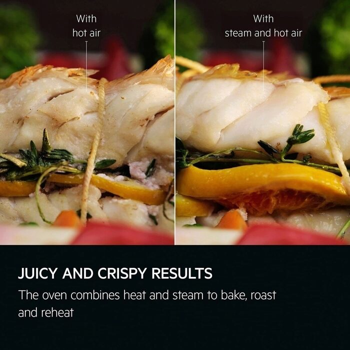 AEG Comparison of food with hot air and steam, showing 'Juicy and Crispy Results'.