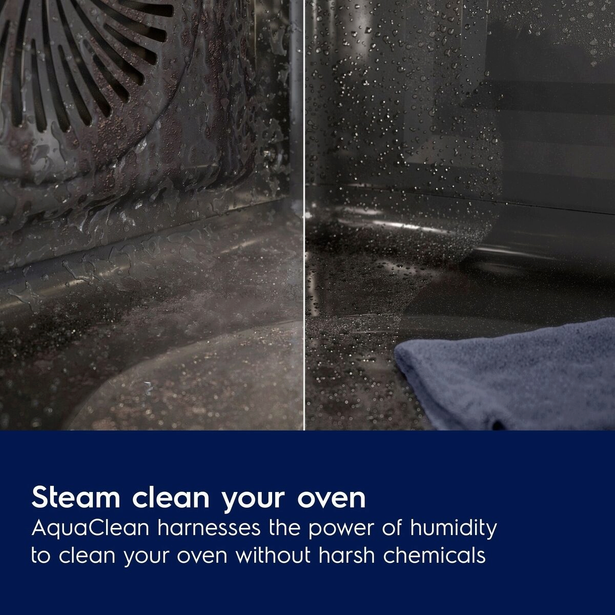 Before and after comparison of an oven cleaned with Electrolux AquaClean technology.