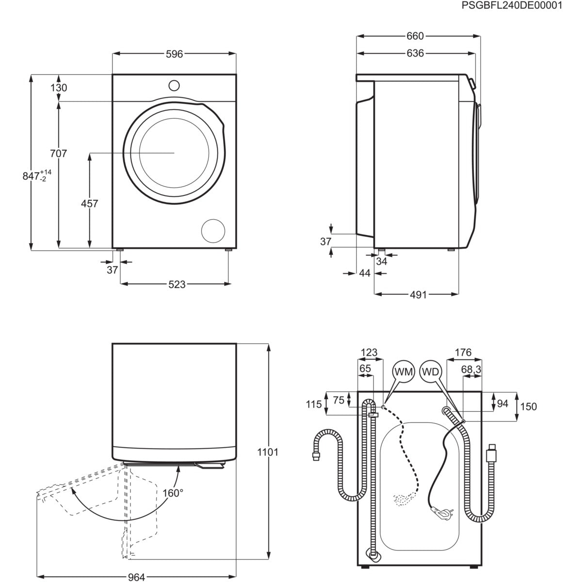 Technical drawing of a washing machine and dryer with dimensions