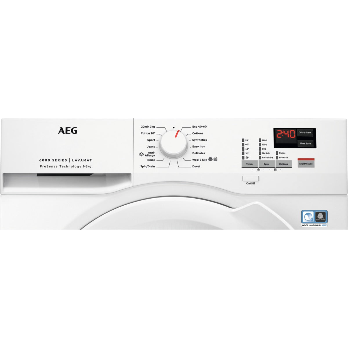 AEG washing machine with control panel on a white background