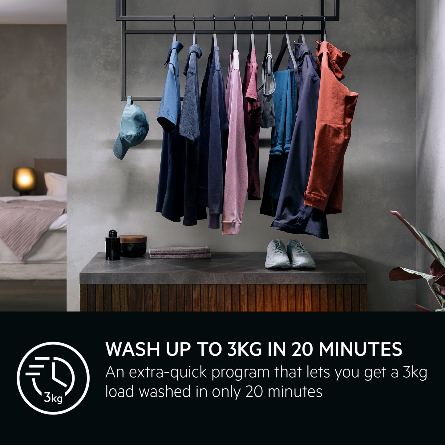 Clothing hanging on a rack with a text overlay about AEG quick wash program.