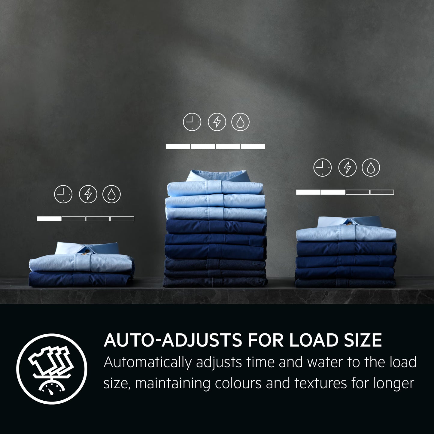 Drying rack with folded clothes on a dark background, featuring text about AEG load size adjustment.