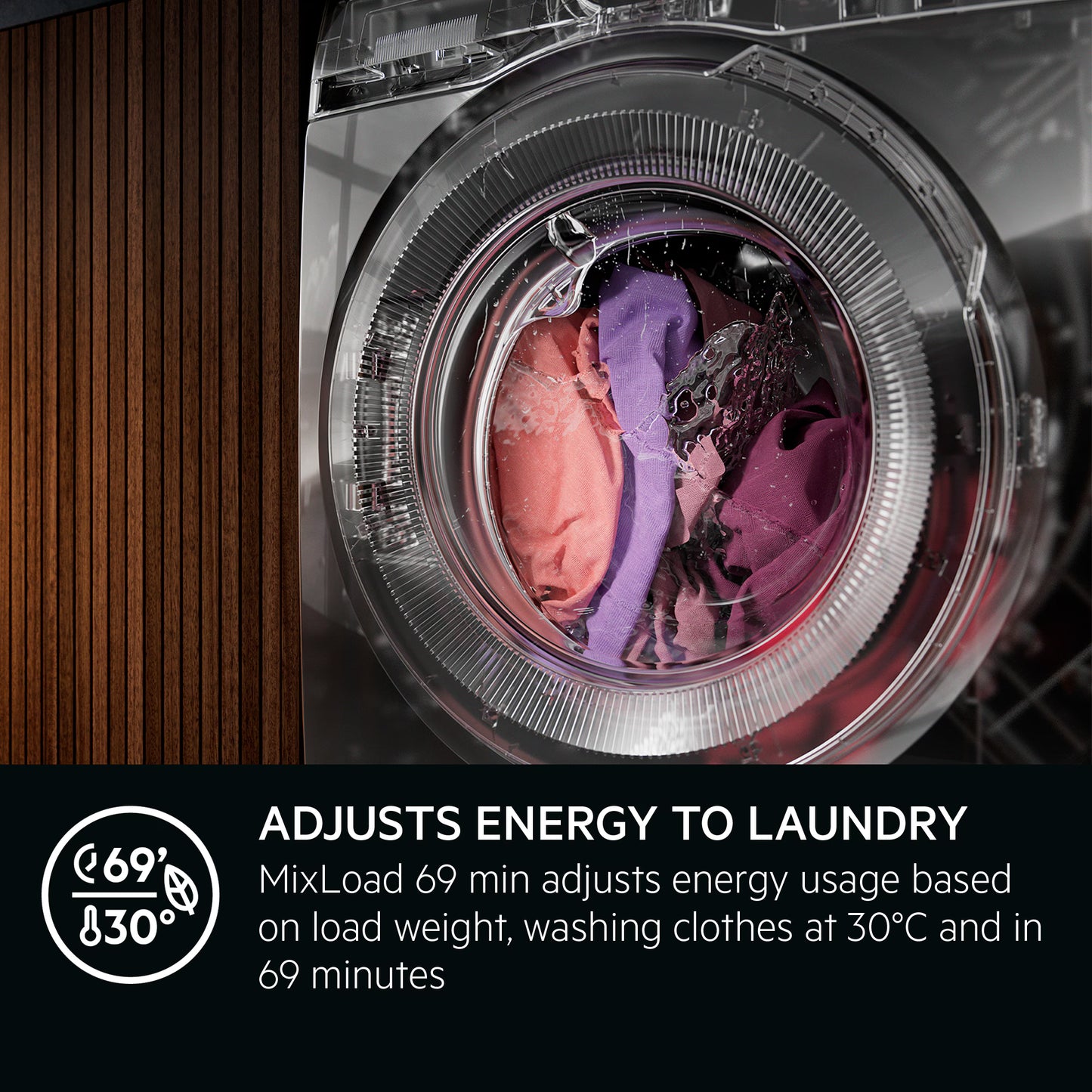 Washing machine drum with clothes inside, showing AEG energy adjustment feature text.