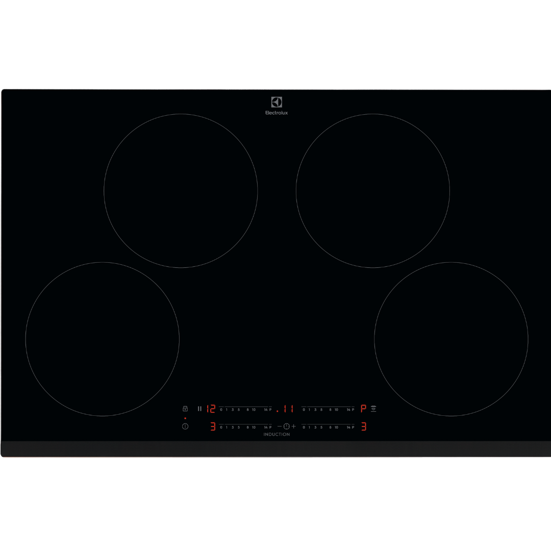 Electrolux Black electric Induction Hob with four heating zones on a white background