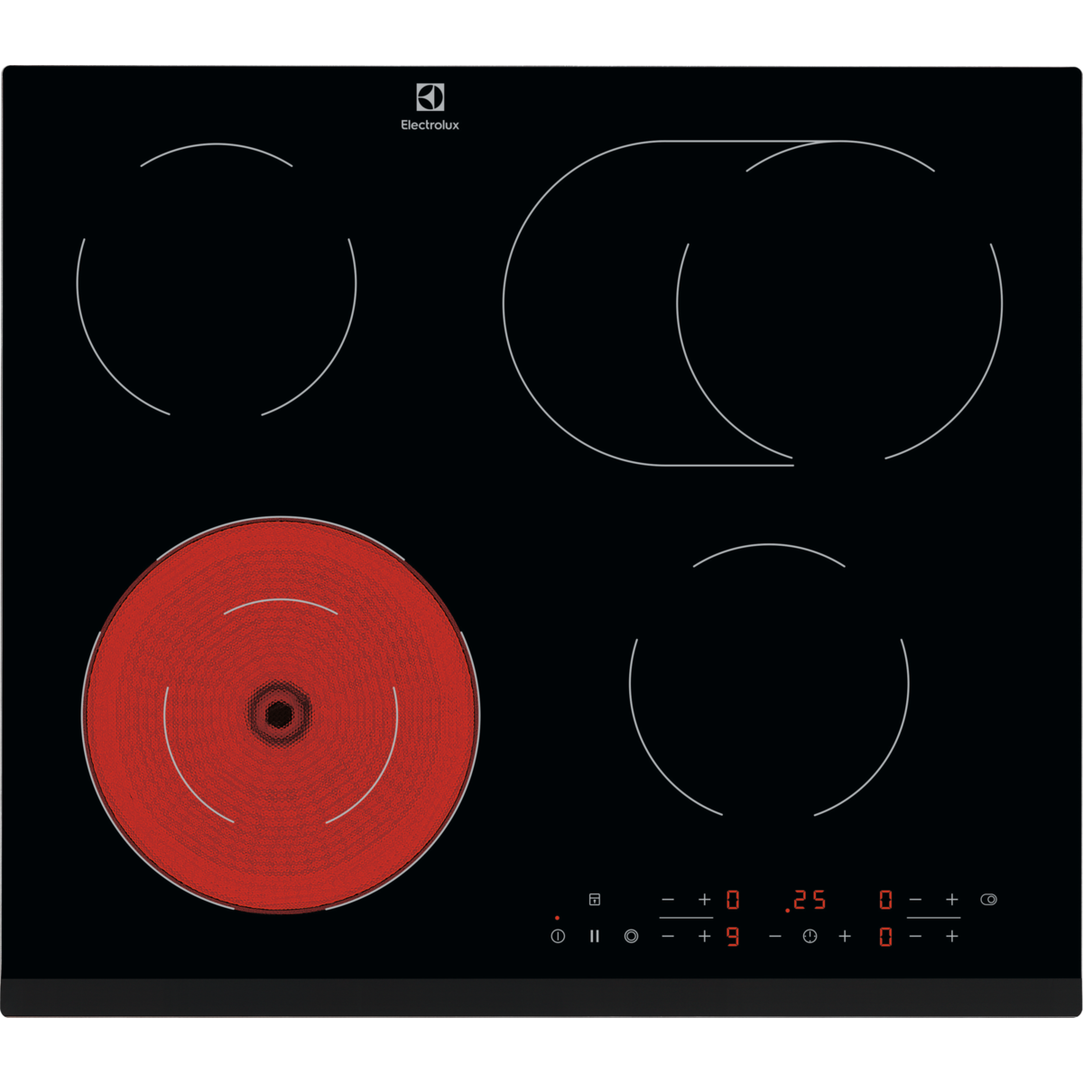 Black Electrolux Ceramic Hob with a red burner on a white background