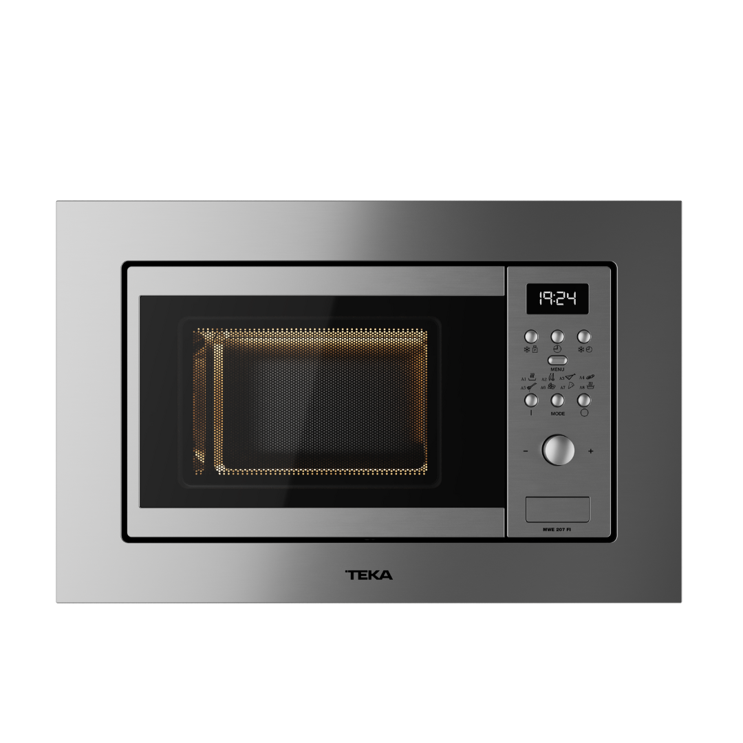 Stainless steel Teka microwave oven on a white background