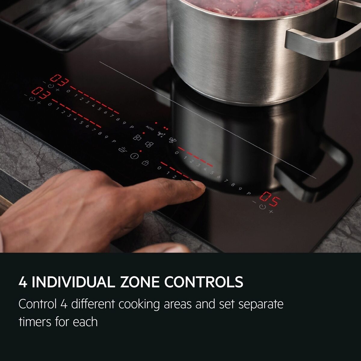 AEG Induction Hob with pot and hand adjusting controls, highlighting individual zone controls.