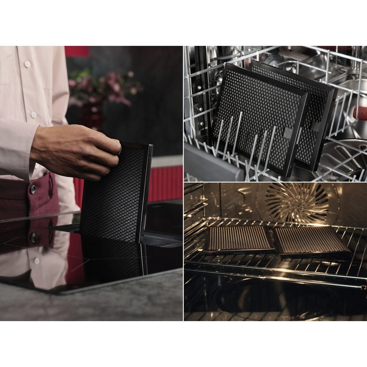 Collage of a person washing the AEG Filters for Extractor Induction Hob.