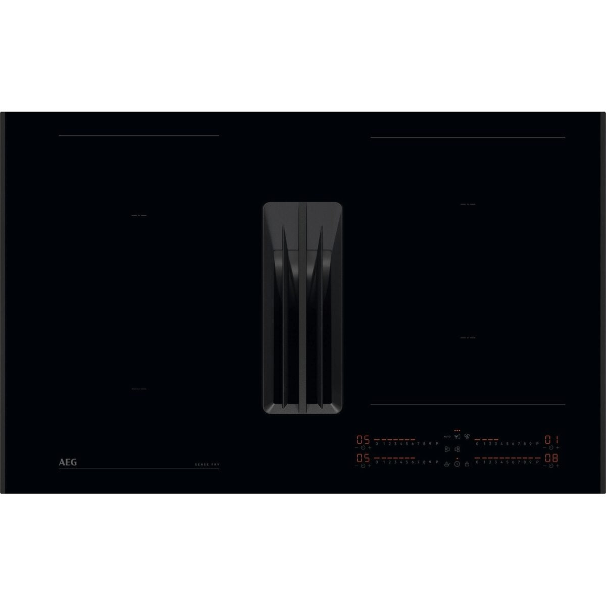 Black AEG induction cooktop on a white background