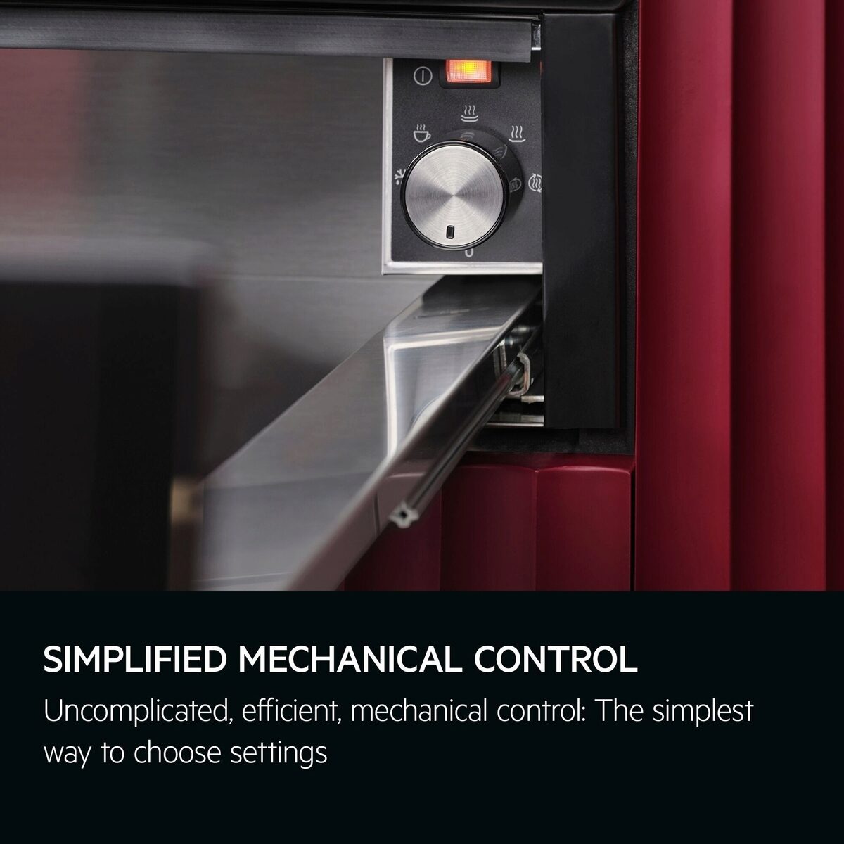 Control panel of an AEG Warming Drawer with text 'Simplified Mechanical Control' and description.