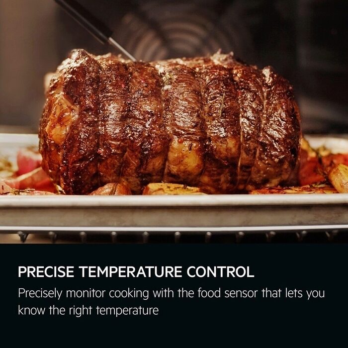 Roasted meat on a tray in an AEG oven with text about precise temperature control