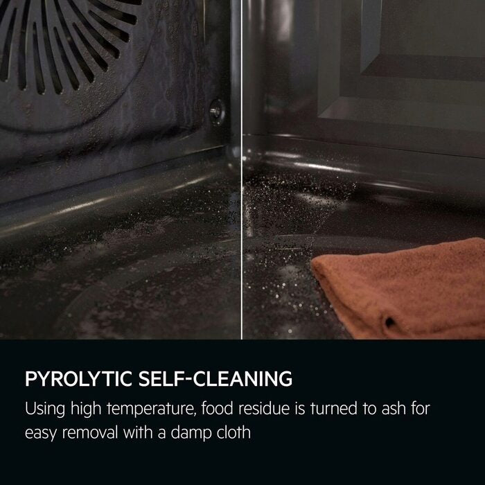Pyrolytic self-cleaning feature of an AEG oven with text explaining the process.