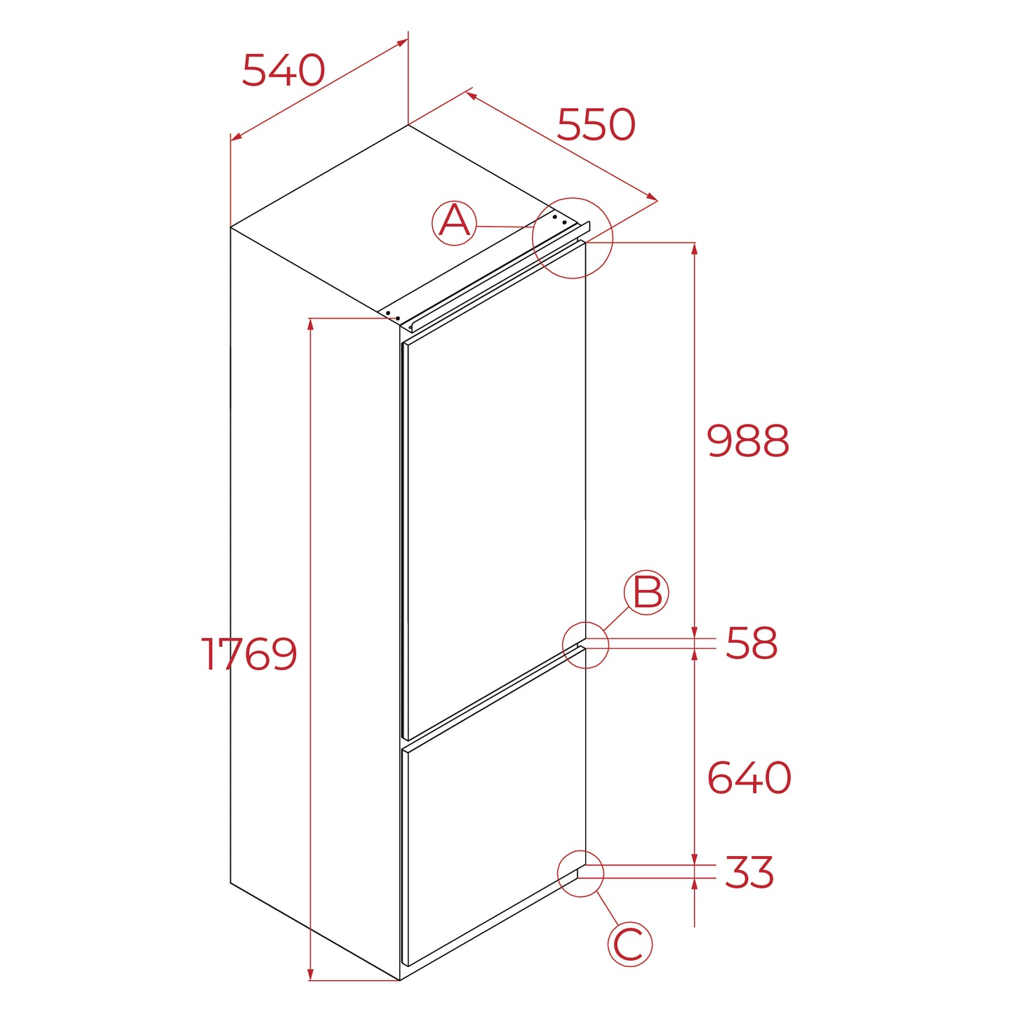 Technical drawing of a cabinet with dimensions labeled