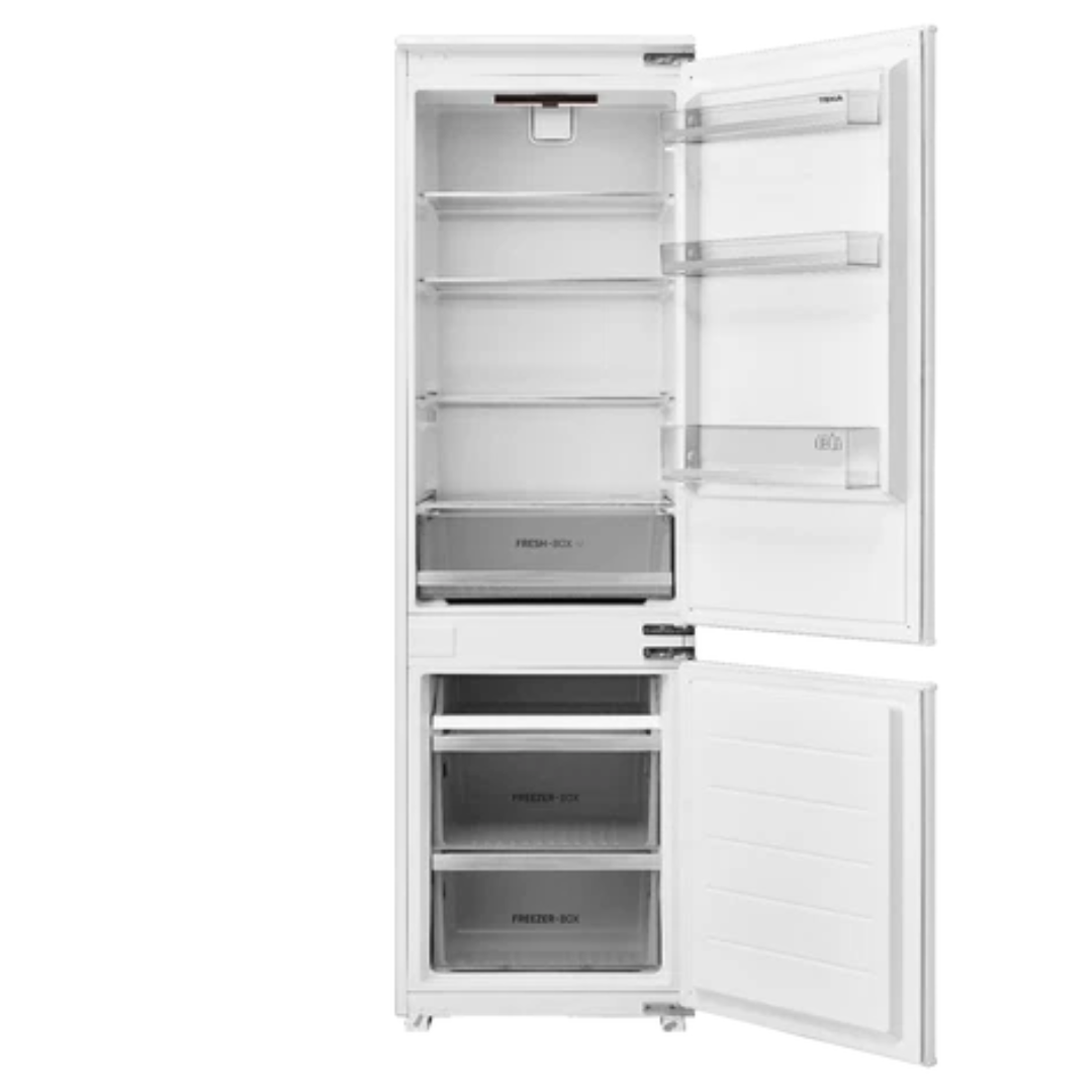 White TEKA refrigerator with open doors on a white background