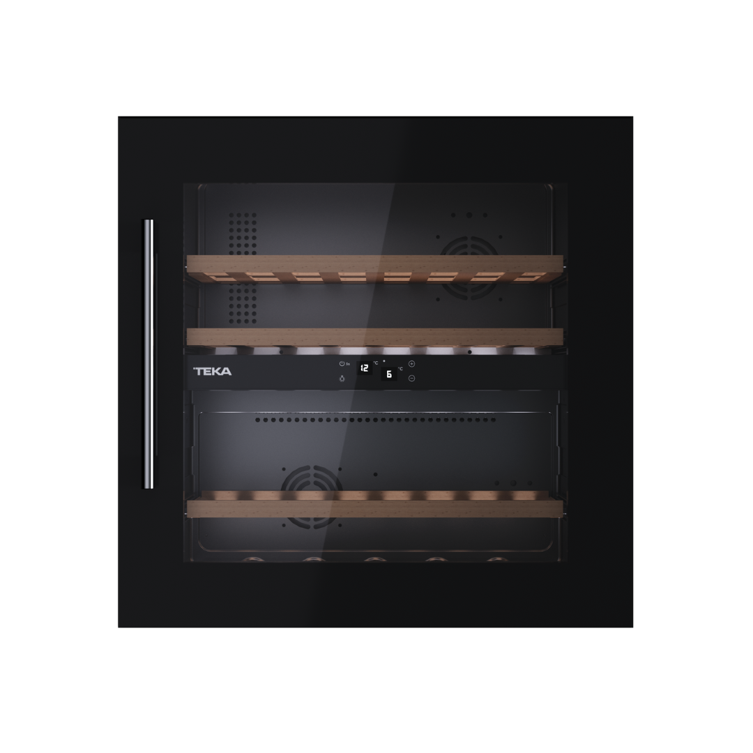 Teka wine cooler with black frame and wooden shelves on a white background