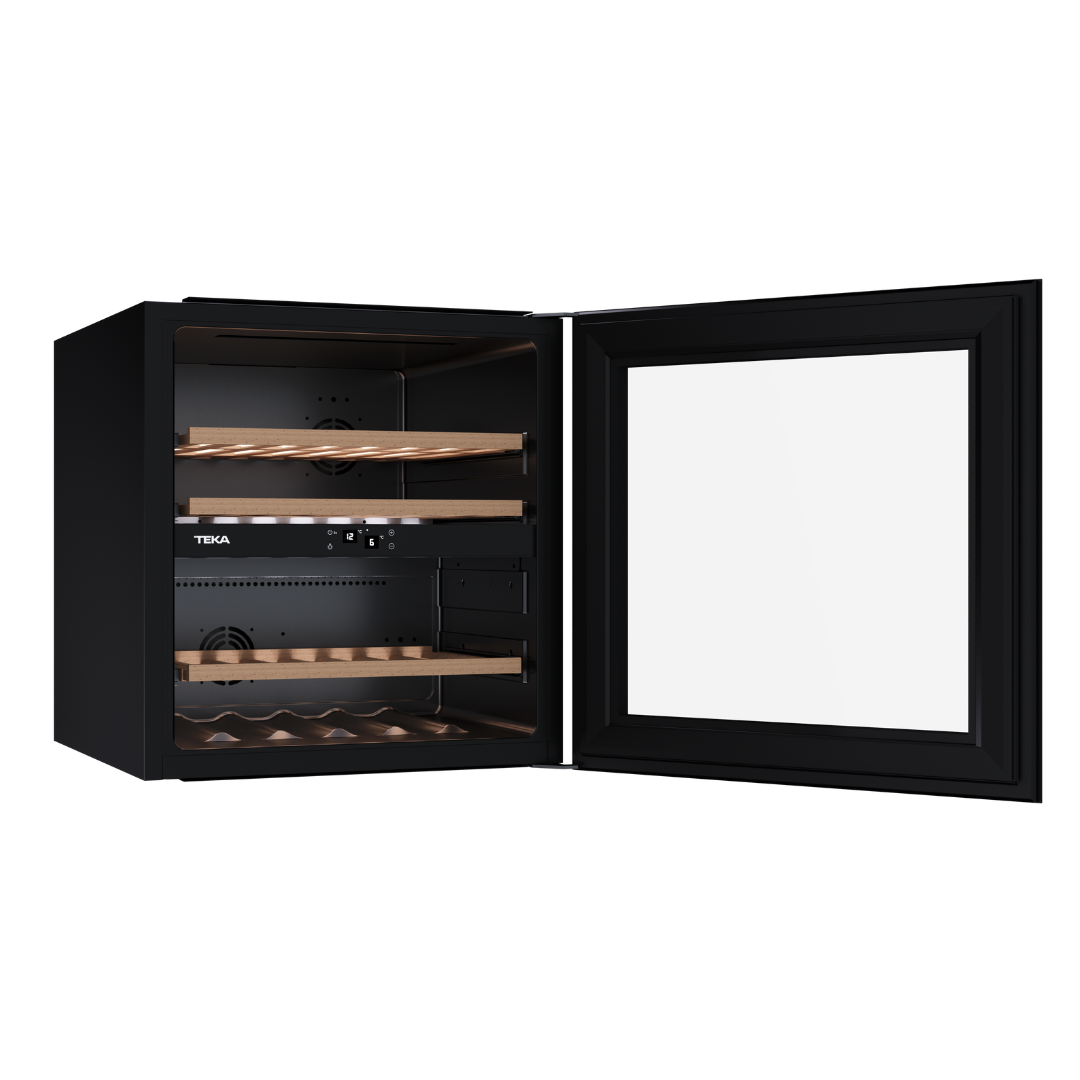 Teka Black wine cooler with open door on a white background