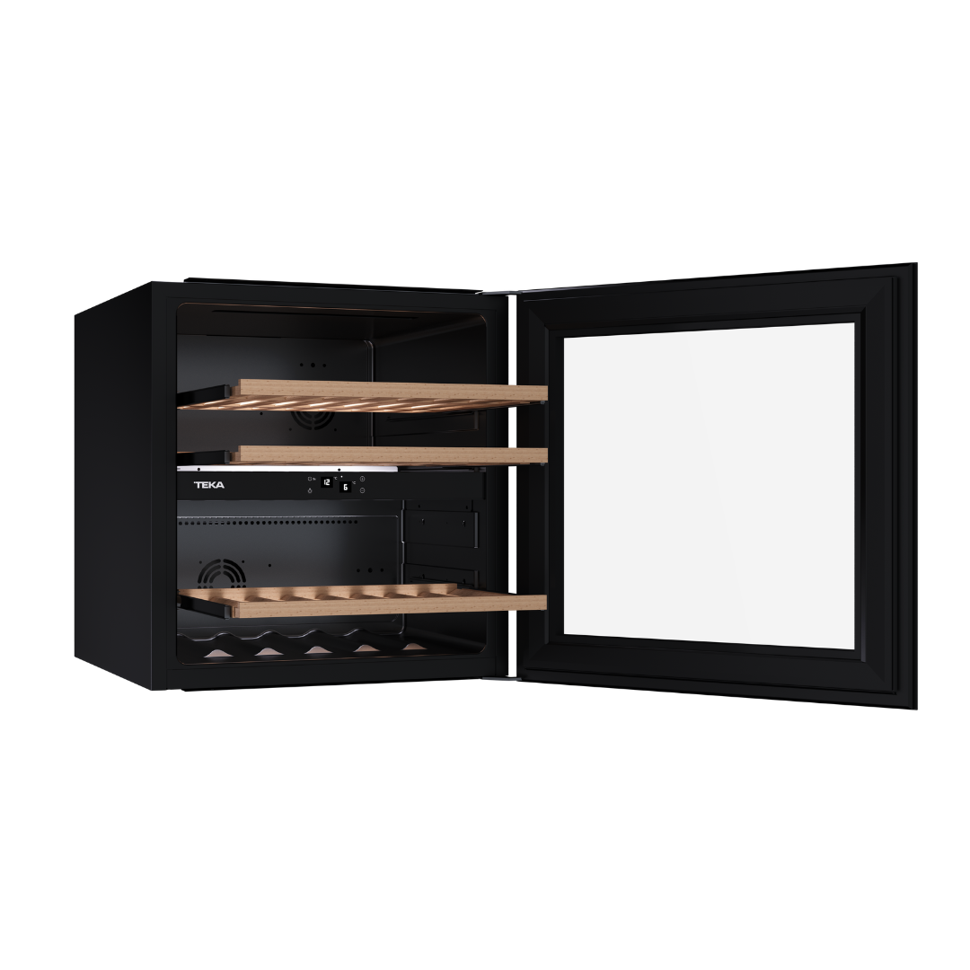 Teka Black wine cooler with open door on a white background