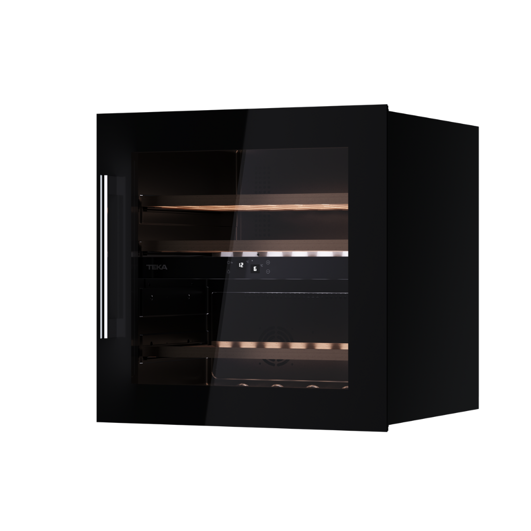 Teka Black wine cooler with glass door on a white background