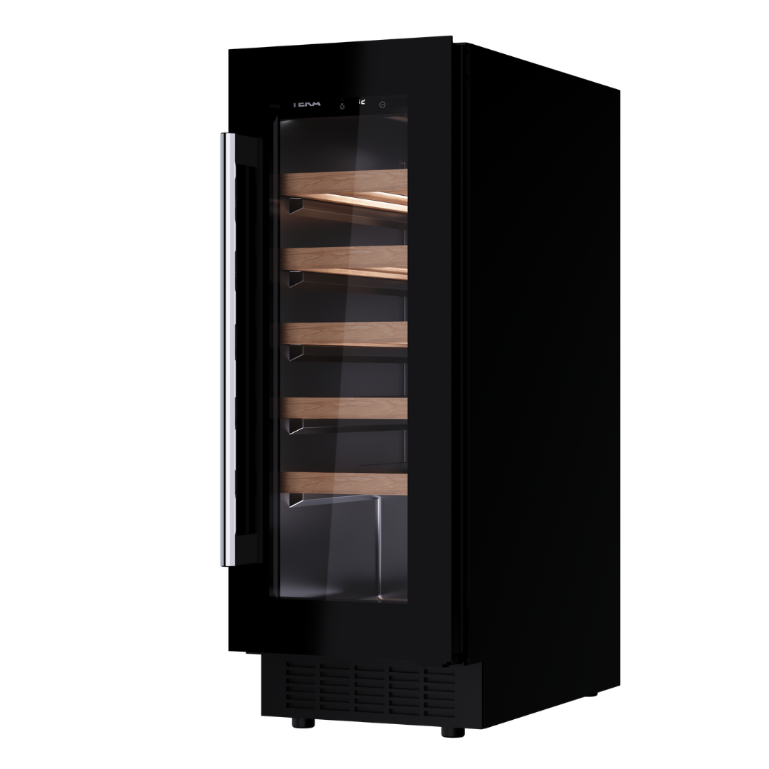 Teka Black wine cooler with glass door on a white background