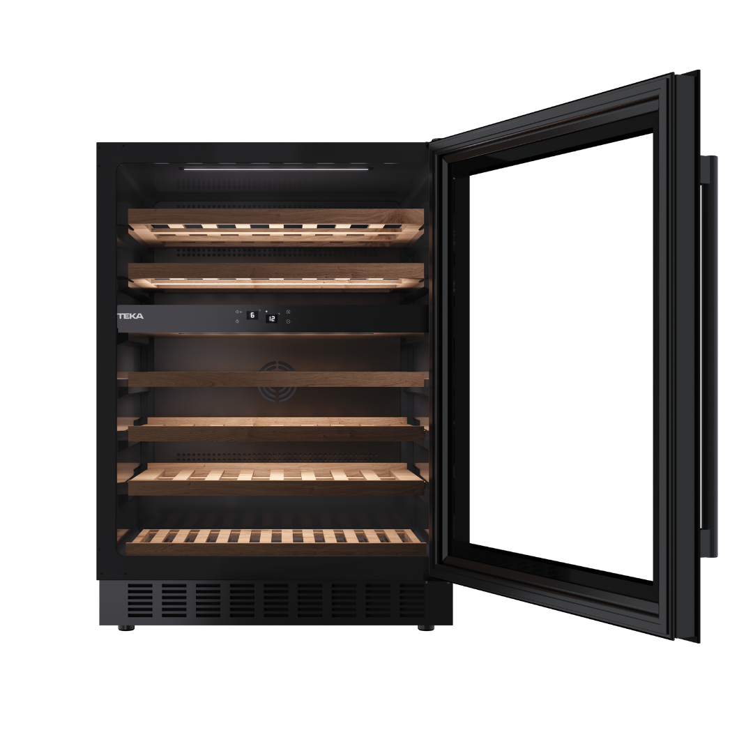 Teka Black Wine cooler with open door on a white background