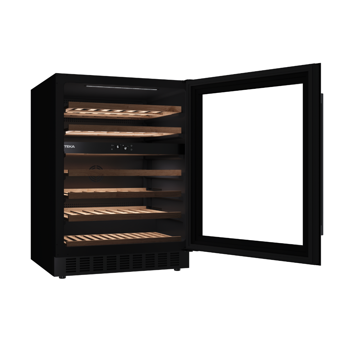 Teka Black wine cooler with open door on a white background