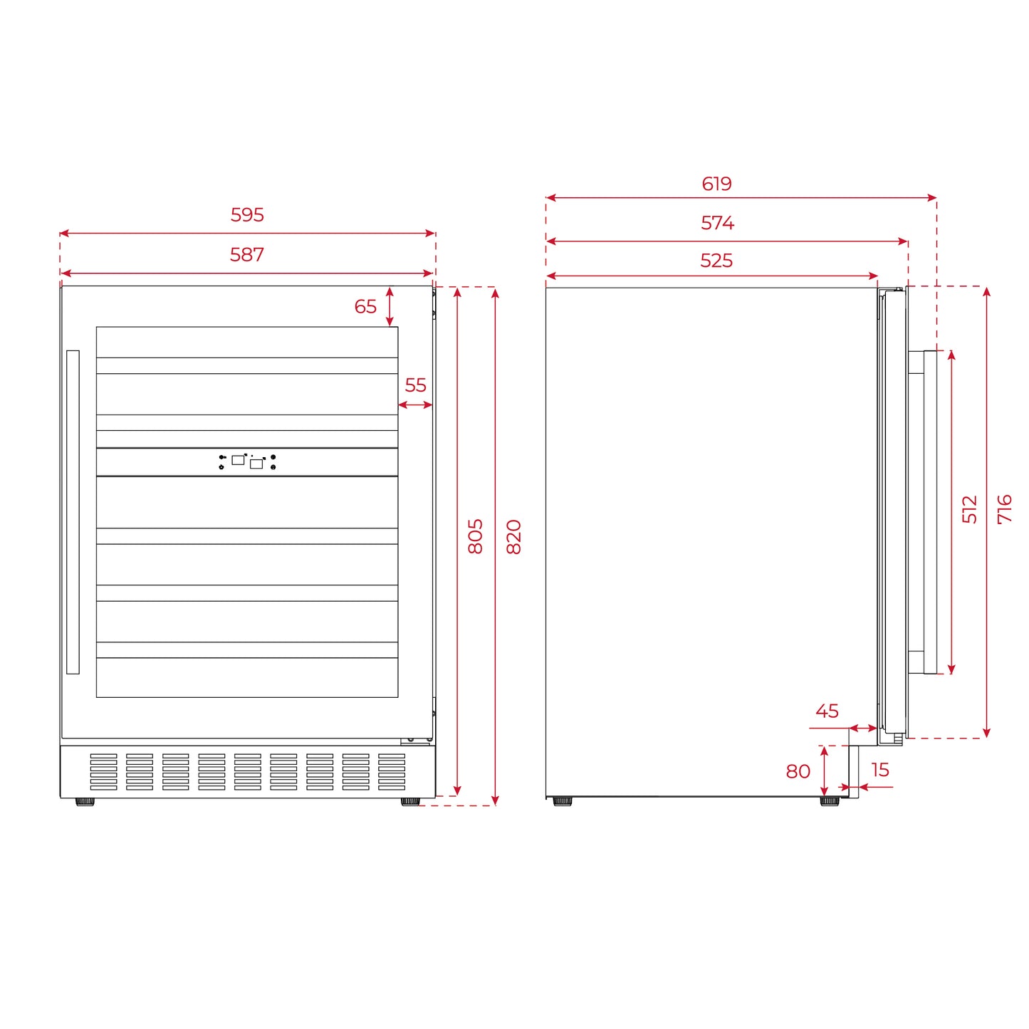 Dimensions of a refrigerator with red measurement lines on a white background