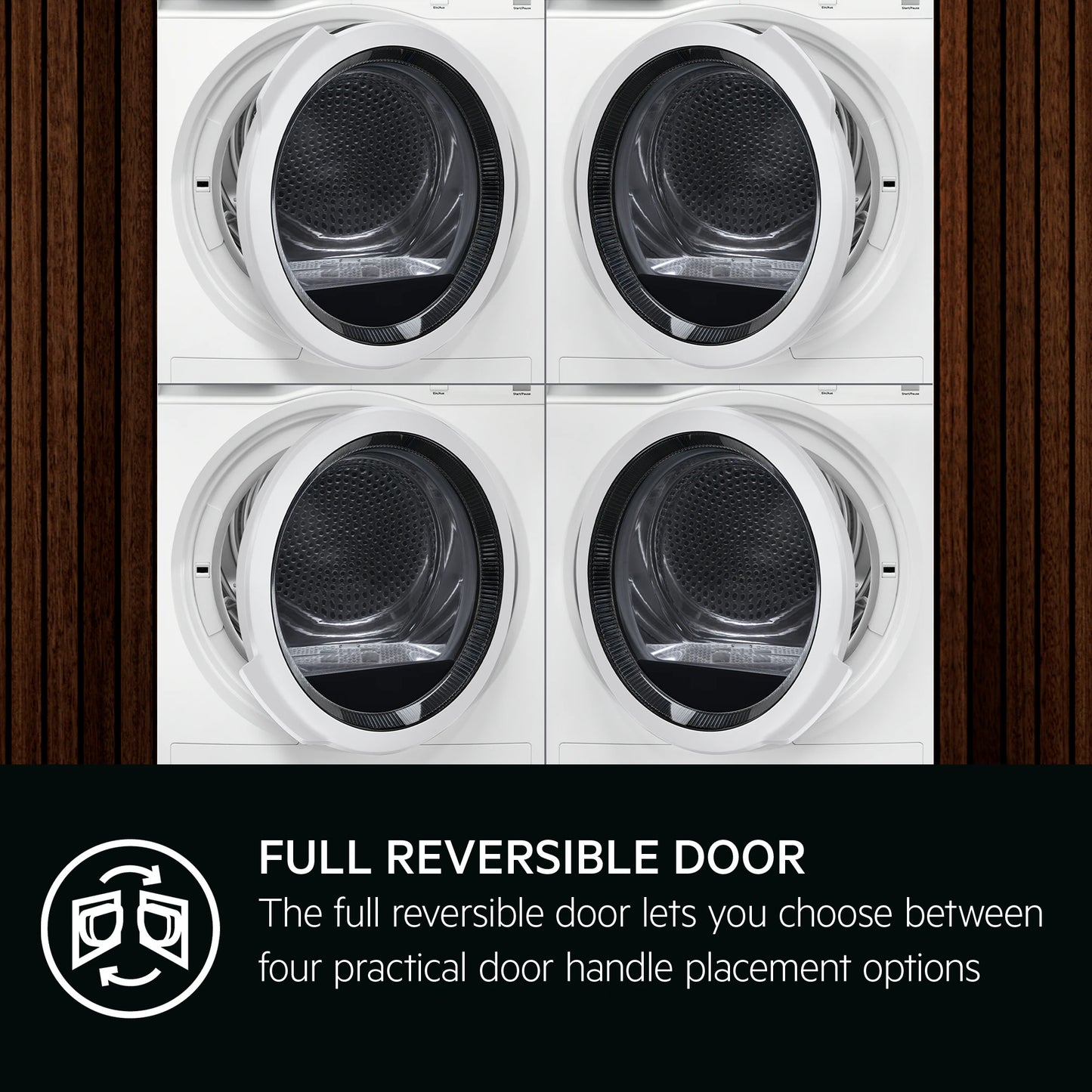 Four AEG dryer drums with a full reversible door feature and text description.