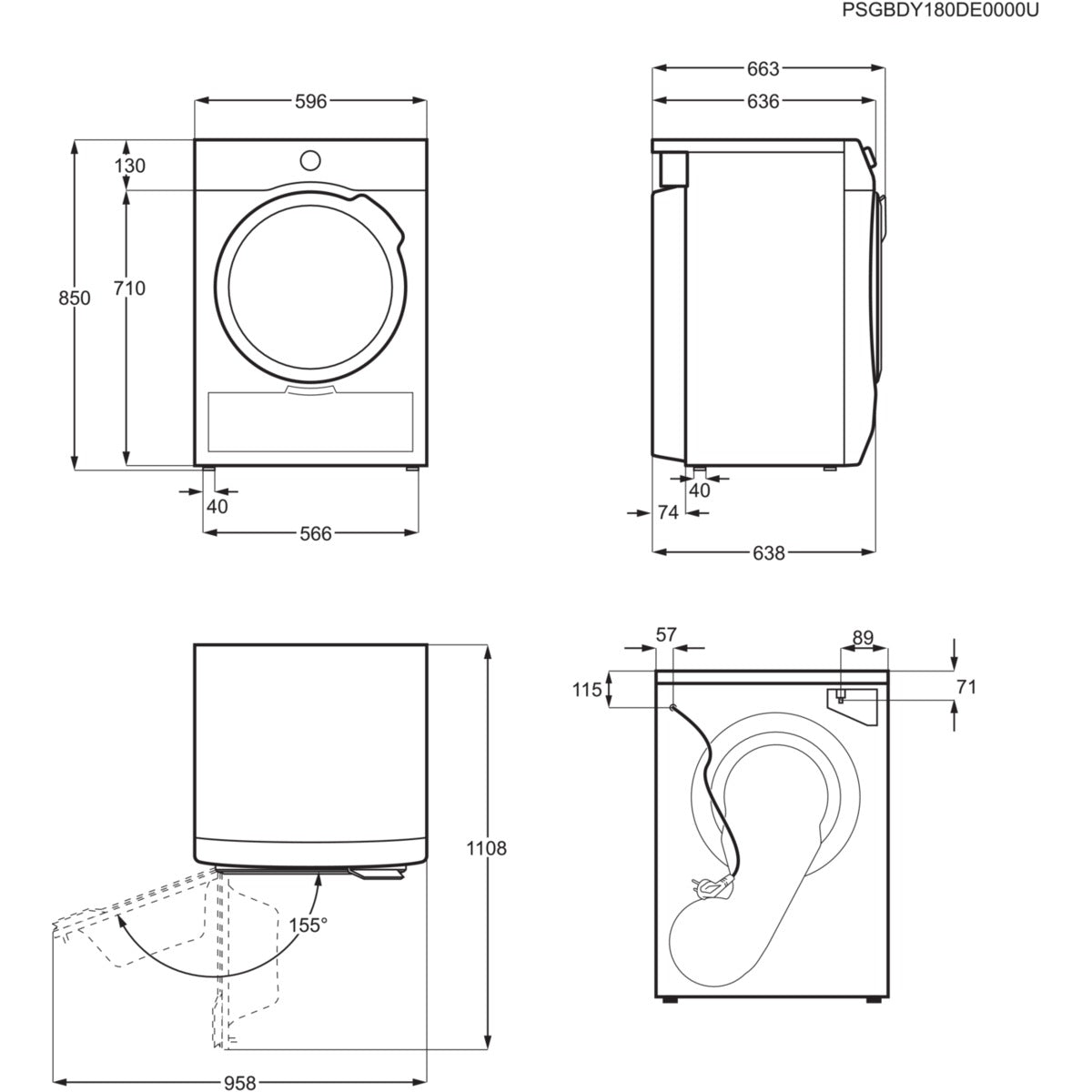 Technical drawing of a washing machine with dimensions